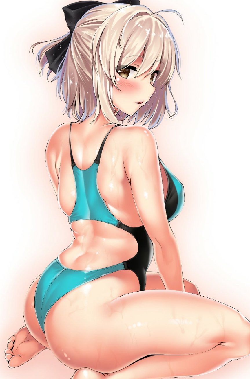 1girl, ahoge, ass, barefoot, black_bow, blonde_hair, blue_swimsuit, bow