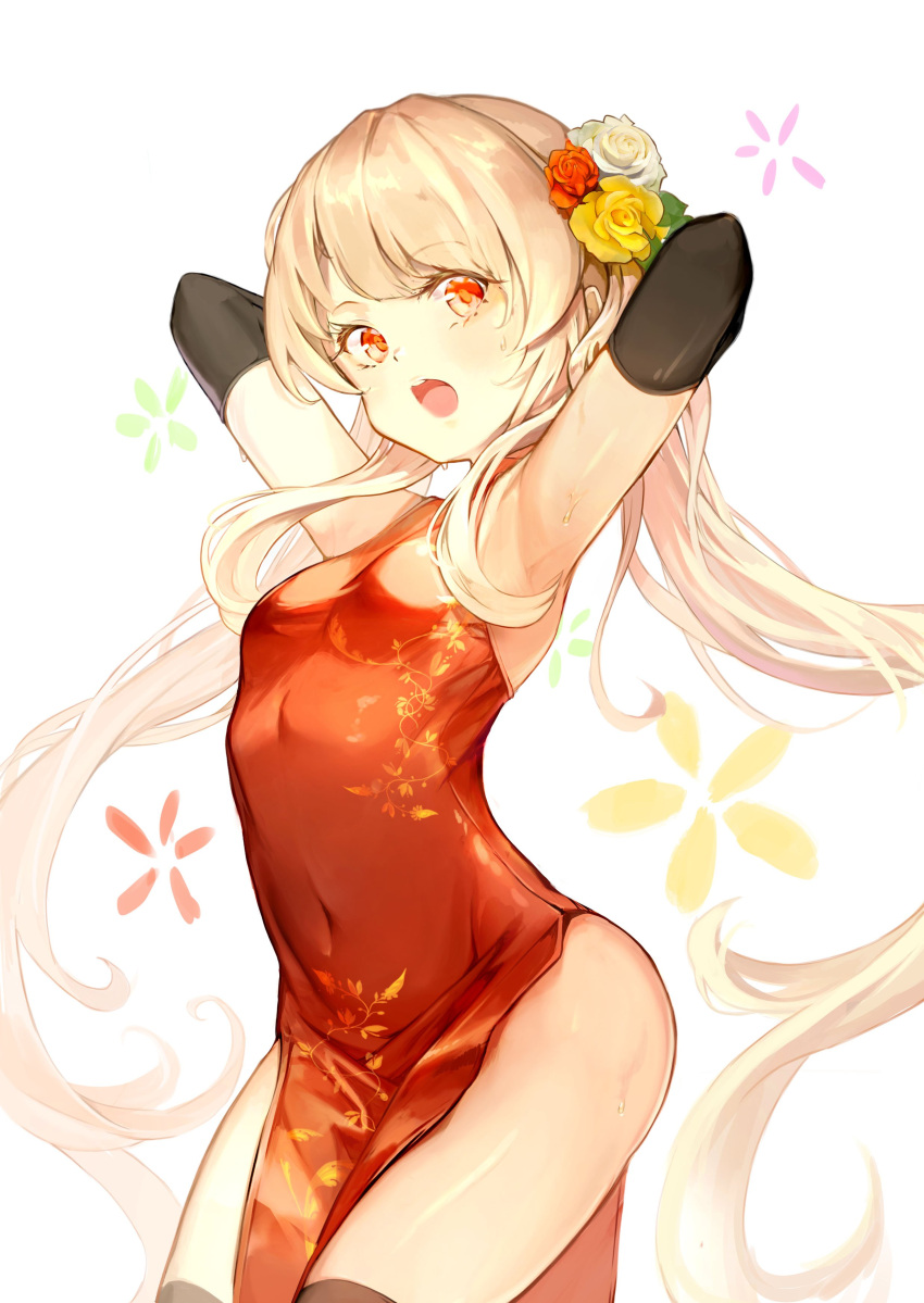 1girl, absurdres, armpits, arms_up, black_gloves, black_legwear, blonde_hair, breasts, china_dress, chinese_clothes, covered_navel, cowboy_shot, dress, elbow_gloves, floral_background, flower, gloves, hair_flower, hair_ornament, highres, hon_(neo2462), long_hair, looking_at_viewer, open_mouth, red_dress, red_eyes, red_flower, red_rose, rose, simple_background, small_breasts, solo, sweat, thigh-highs, twintails, very_long_hair, white_background, white_flower, white_rose, yellow_flower, yellow_rose