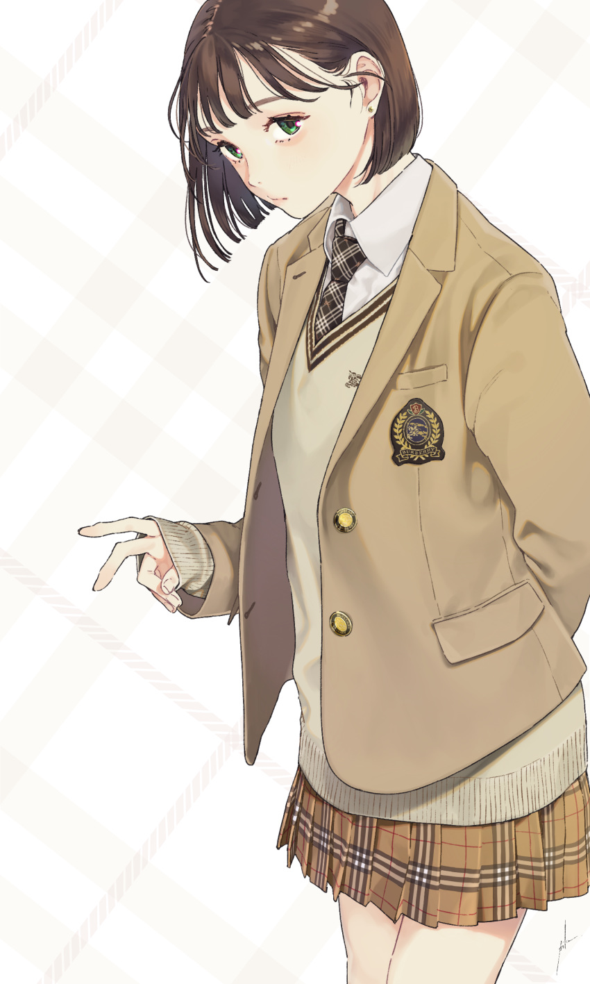 1girl, absurdres, aiko_(aiko_54), arm_behind_back, bangs, black_neckwear, blazer, brown_hair