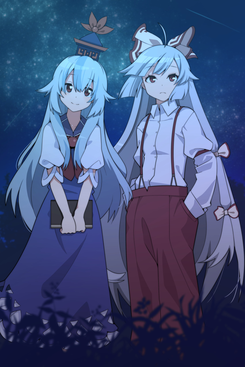 2girls, blouse, blue_dress, book, bow, dress, eyebrows_visible_through_hair, fujiwara_no_mokou