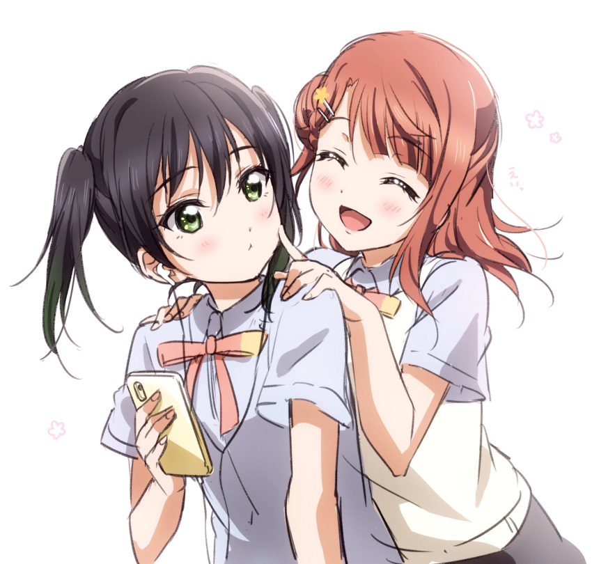2girls, :d, ^_^, anata-chan_(love_live!), bangs, black_hair, blue_shirt, blush