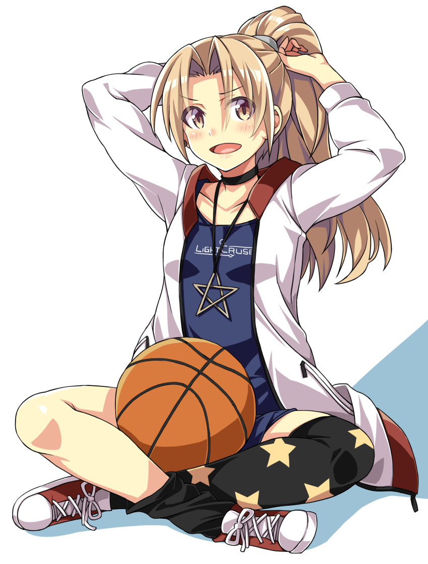 1girl, absurdres, adjusting_hair, arms_up, asymmetrical_legwear, azur_lane, ball, basketball