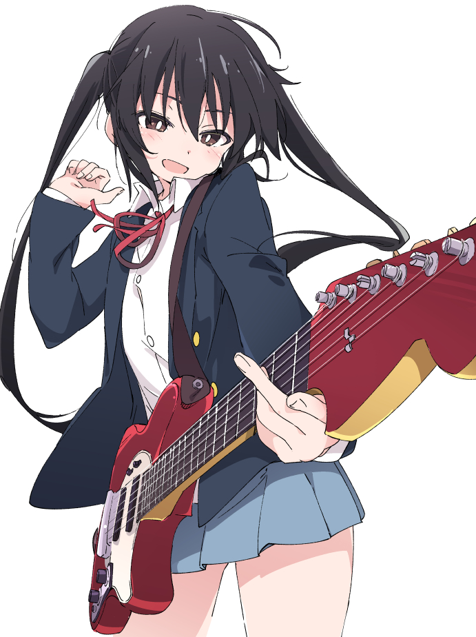 1girl, bangs, black_hair, blazer, blue_skirt, blush, brown_eyes, electric_guitar, fender_mustang, guitar, instrument, ixy, jacket, k-on!, long_hair, long_sleeves, nakano_azusa, open_blazer, open_clothes, open_jacket, open_mouth, pleated_skirt, red_neckwear, red_ribbon, ribbon, sakuragaoka_high_school_uniform, school_uniform, shirt, simple_background, skirt, smile, solo, twintails, white_background, white_shirt
