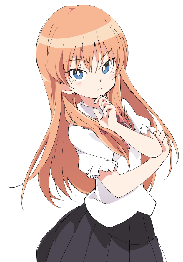 1girl, black_skirt, blue_eyes, blush, bow, bowtie, closed_mouth, eyebrows_visible_through_hair