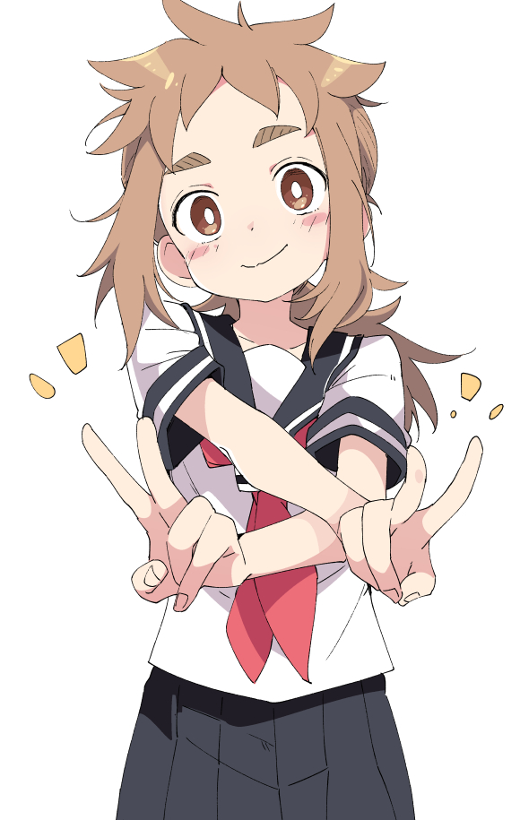 1girl, black_sailor_collar, black_skirt, blush_stickers, brown_eyes, brown_hair, closed_mouth, double_v