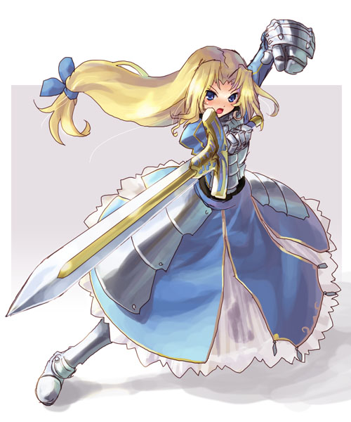 armor, armored_dress, blonde_hair, blue_eyes, caliburn, charlotte_christine_colde, charlotte_christine_de_colde, cosplay, dress, fate/stay_night, fate_(series), hair_ribbon, hair_ribbons, katahira_masashi, long_hair, look-alike, ribbon, ribbons, saber, saber_(cosplay), samurai_spirits, snk, solo, sword, weapon
