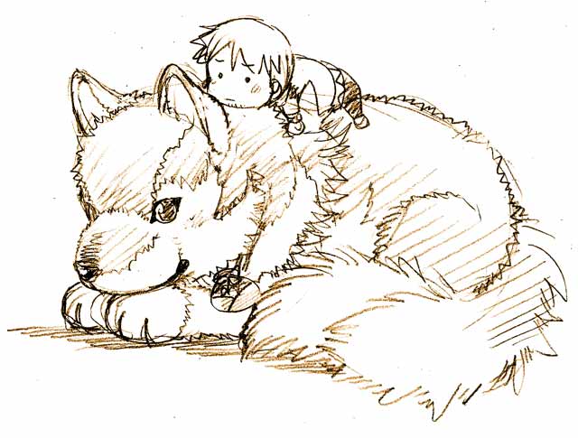chibi, craft_lawrence, holo, ikuta_takanon, monochrome, sketch, spice_and_wolf, takanon, wolf