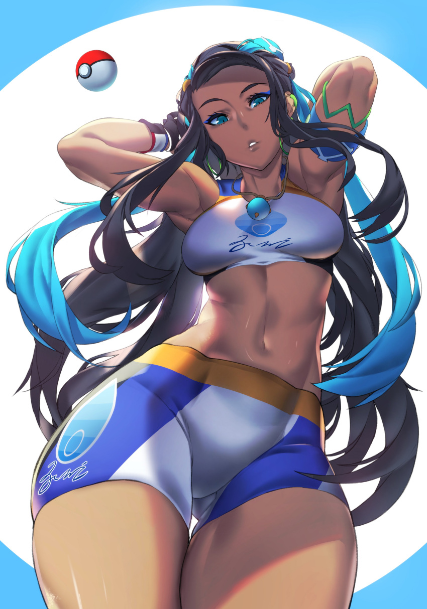 1girl, absurdres, aqua_eyes, aqua_hair, armband, armlet, armpits, ass_visible_through_thighs, backlighting, belly_chain, black_hair, blue_eyes, breasts, dark_skin, ear_clip, earrings, eureka_brider, eyeshadow, forehead, from_below, green_earrings, gym_leader, hair_bun, hair_ornament, hairclip, hands_in_hair, highres, hoop_earrings, jewelry, lips, long_hair, makeup, multicolored_hair, navel, pendant, poke_ball, poke_ball_(generic), pokemon, pokemon_(game), pokemon_swsh, rurina_(pokemon), small_breasts, solo, sportswear, streaked_hair, swimsuit, tankini, thick_thighs, thigh_gap, thighs, toned, two-tone_hair