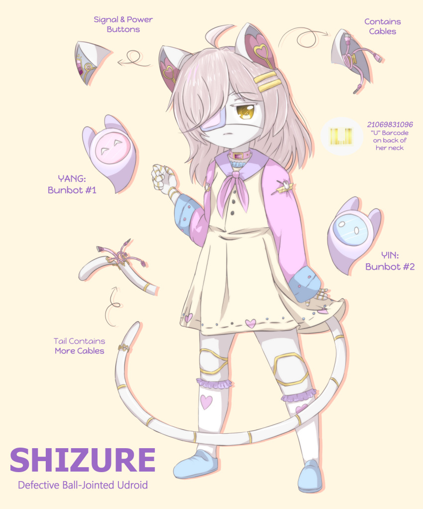 1girl, ahoge, android, cables, cat_ears, cat_girl, cat_tail, character_sheet