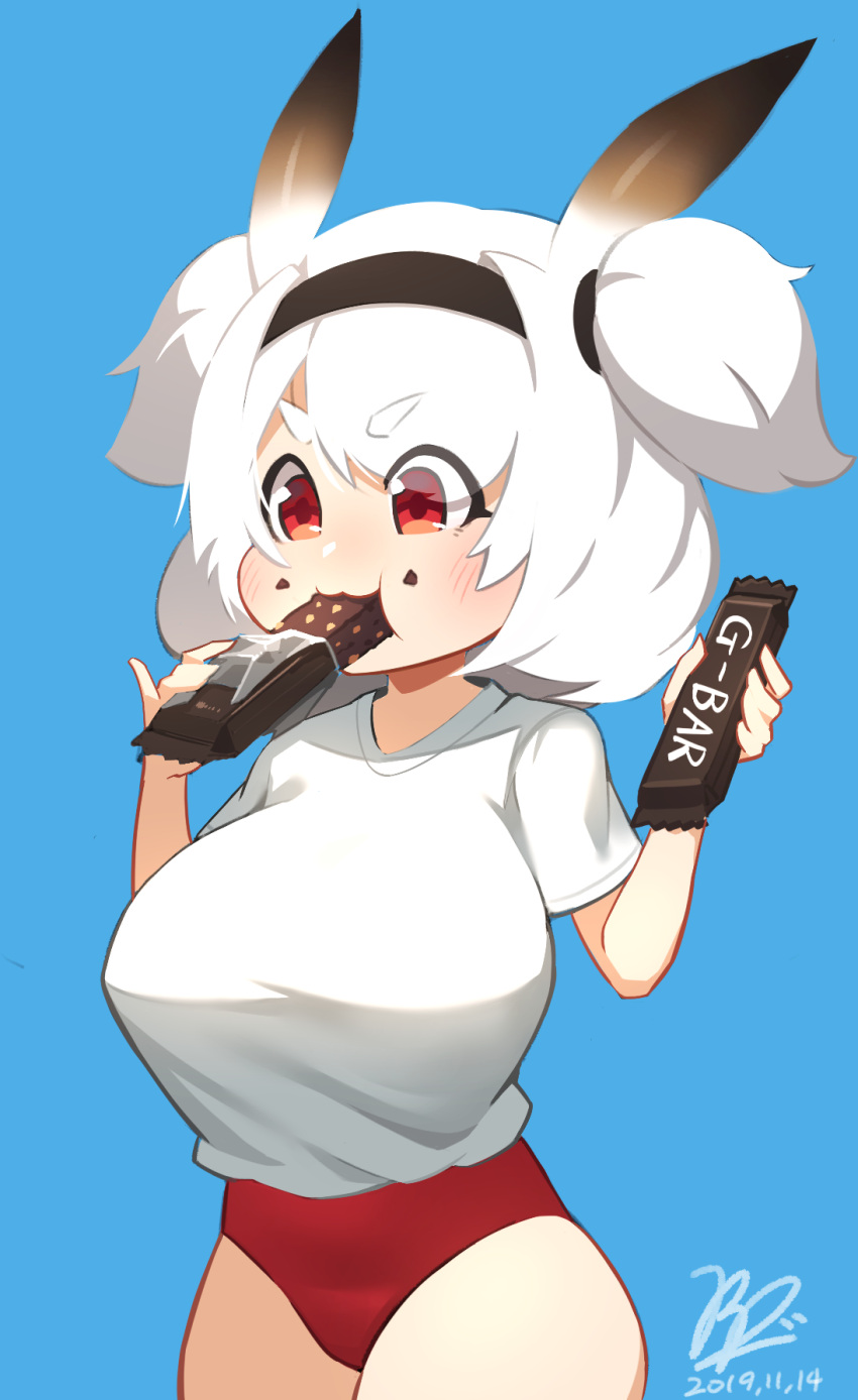 1girl, :3, :t, breasts, buruma, candy, candy_bar, chewing, chocolate, chocolate_bar, dated, eating, eyebrows_visible_through_hair, food, food_in_mouth, hairband, highres, huge_breasts, last_origin, oppai_loli, pantyhose, red_eyes, redshark7839, short_hair, short_twintails, signature, solo, t-13_alvis, thick_thighs, thighs, twintails, two_side_up, white_hair