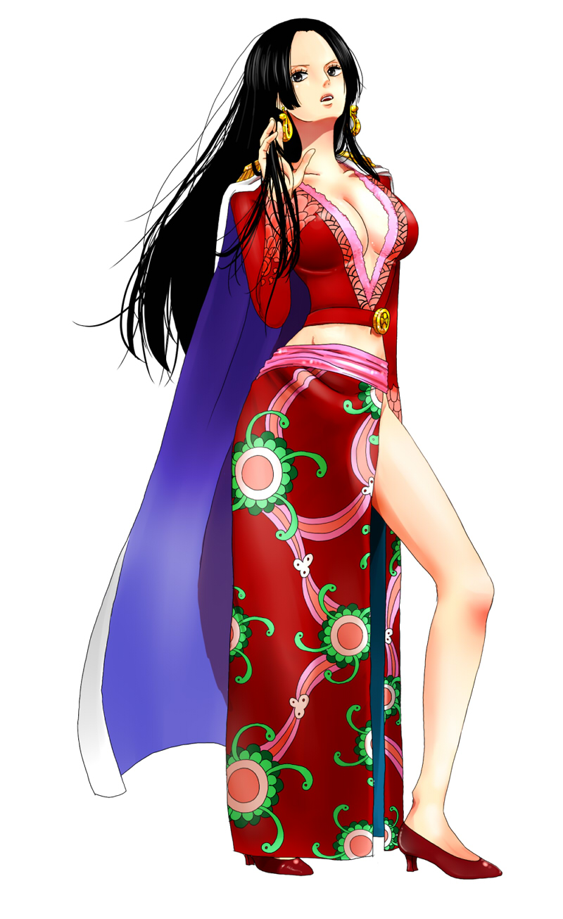 1girl, bad_id, black_hair, boa_hancock, breasts, cape, center_opening, cleavage, earrings, female, full_body, high_heels, highres, jewelry, large_breasts, legs, long_hair, long_skirt, midriff, miura, no_bra, one_piece, parted_lips, shoes, simple_background, solo, standing, white_background