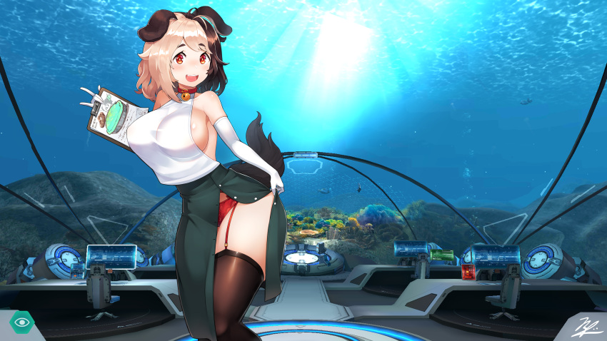 1girl, :3, absurdres, animal_ears, black_legwear, blonde_hair, blush, breasts, brown_hair, clipboard, dog_ears, dog_tail, elbow_gloves, fang, gloves, hachiko_of_castling, highres, huge_breasts, huge_filesize, last_origin, looking_at_viewer, multicolored_hair, open_mouth, panties, redshark7839, side_slit, sideboob, skirt, smile, solo, tail, thigh-highs, two-tone_hair, underwear, white_gloves