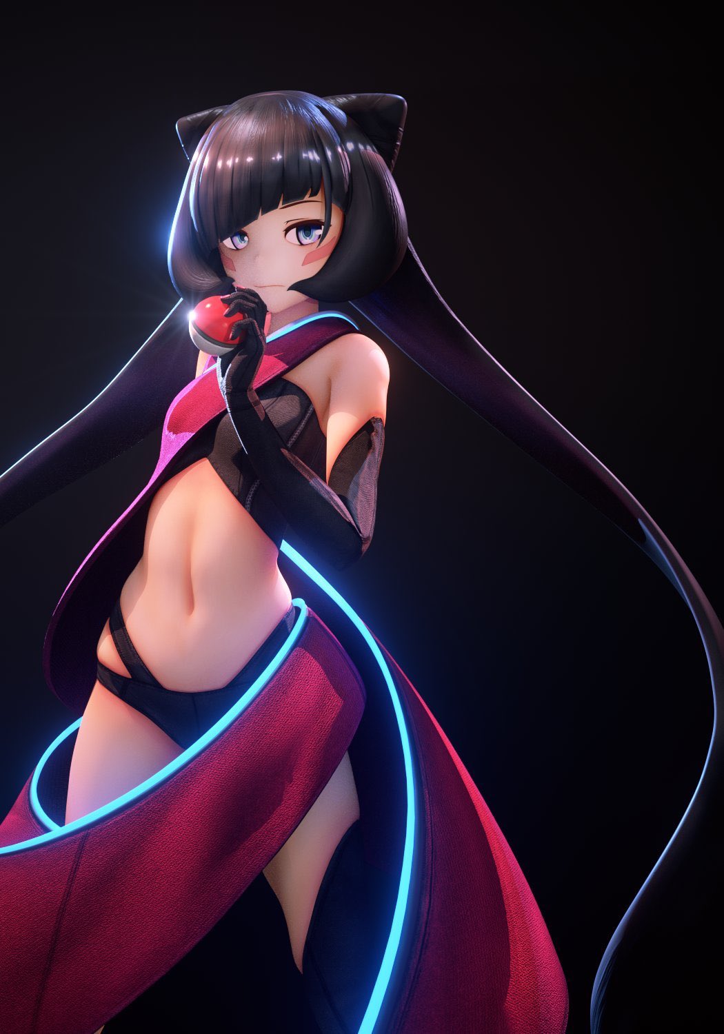 1girl, 3d, :i, asymmetrical_clothes, azki_(hololive), azki_channel, bare_shoulders, black_background