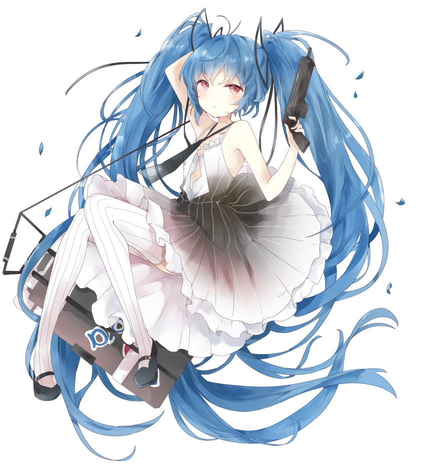 1girl, absurdres, arm_up, bangs, bare_arms, bare_shoulders, black_footwear, black_neckwear