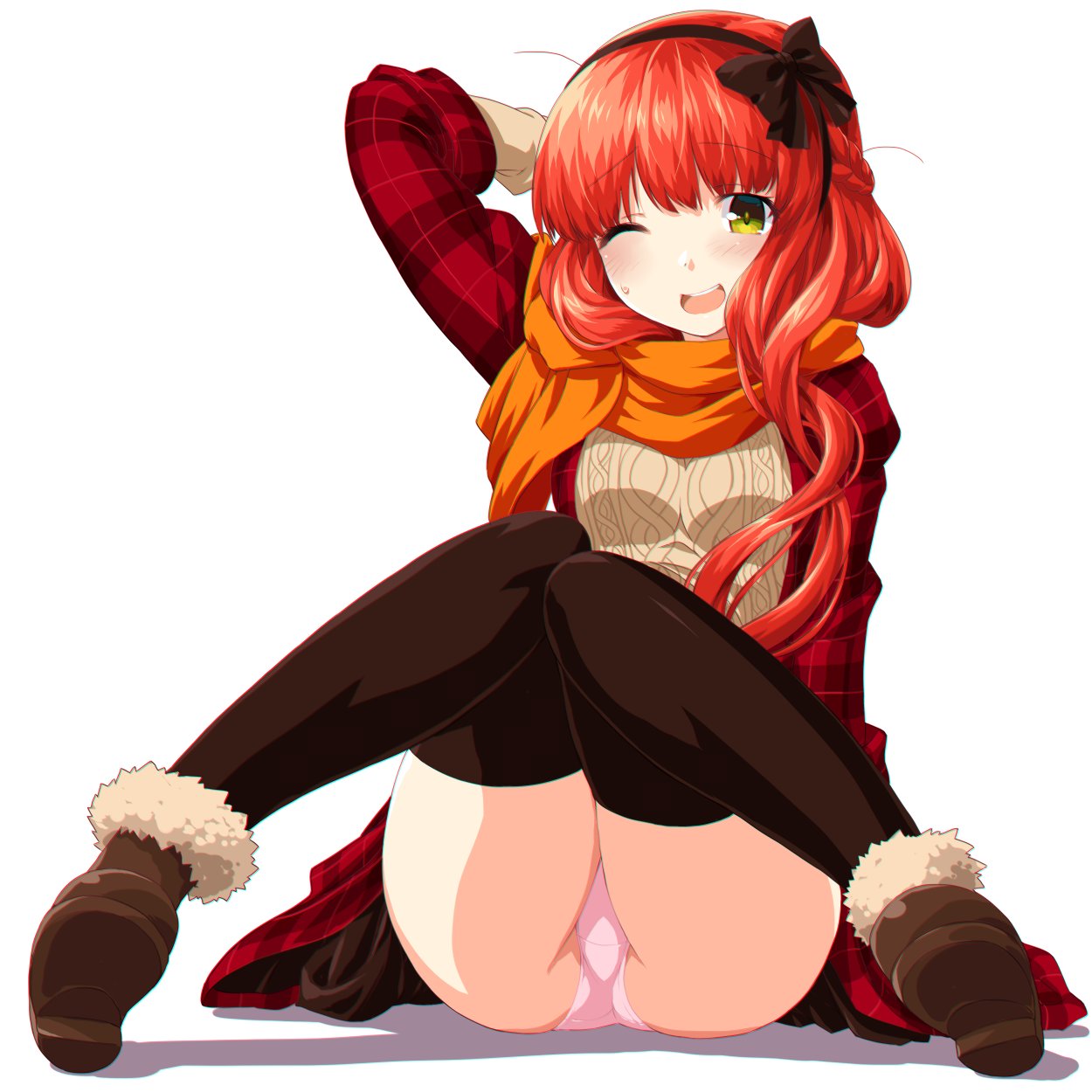 1girl, bangs, blush, boots, bow, breasts, brown_footwear, brown_legwear