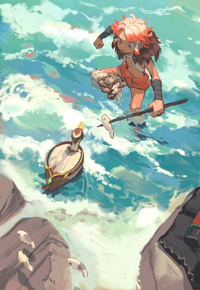 2boys, akaneko_(redakanekocat), alternate_form, arm_wrap, bird, brown_eyes, clenched_hand, duck, fish, highres, multiple_boys, navel, open_mouth, outdoors, pattlephyt_(pixiv_fantasia_age_of_starlight), pixiv_fantasia_age_of_starlight, polearm, redhead, sidelocks, snail, spear, standing, standing_on_one_leg, talons, water, weapon
