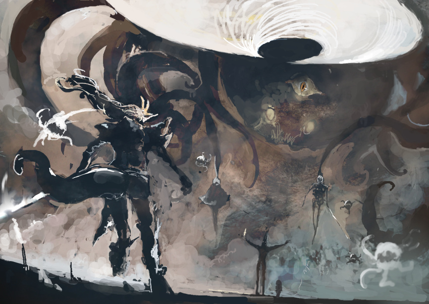eyeball, from_behind, monster, nekoprogram, outdoors, pixiv_fantasia_age_of_starlight, smoke, standing