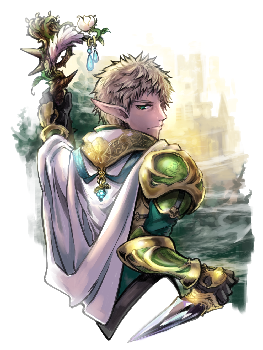 1boy, armor, black_gloves, blonde_hair, bracer, cape, elion_the_king_of_spirits, gloves, highres, holding, holding_knife, holding_staff, knife, looking_back, male_focus, messy_hair, ootsuno_kei, outdoors, pixiv_fantasia, pixiv_fantasia_last_saga, pointy_ears, staff, upper_body, white_cape