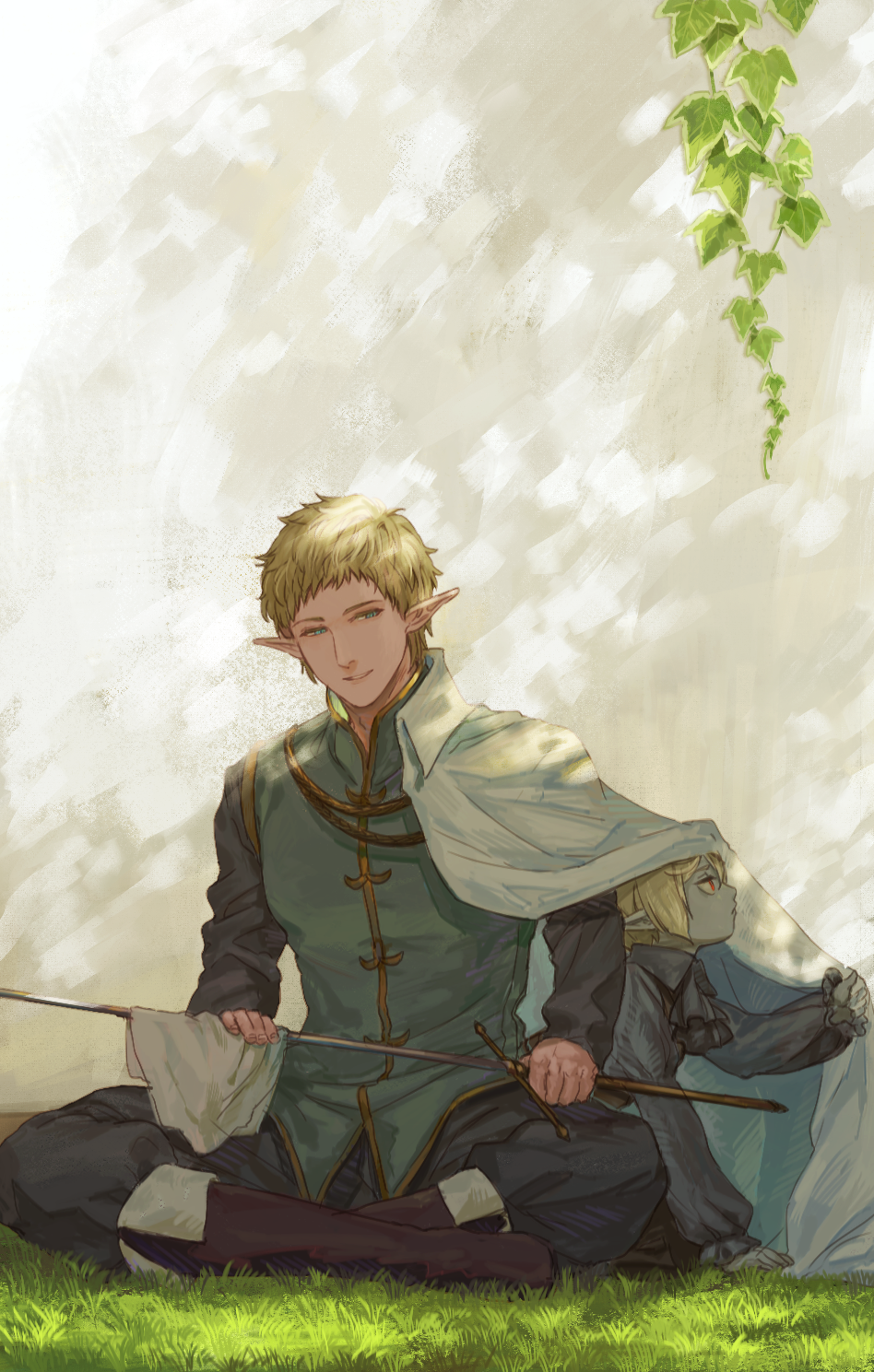 1boy, 1other, blonde_hair, cape, crossed_legs, elion_the_king_of_spirits, grass, grey_skin, highres, holding, holding_sword, holding_weapon, outdoors, pixiv_fantasia, pixiv_fantasia_last_saga, pointy_ears, red_eyes, reshi3310, sitting, sword, weapon, white_cape