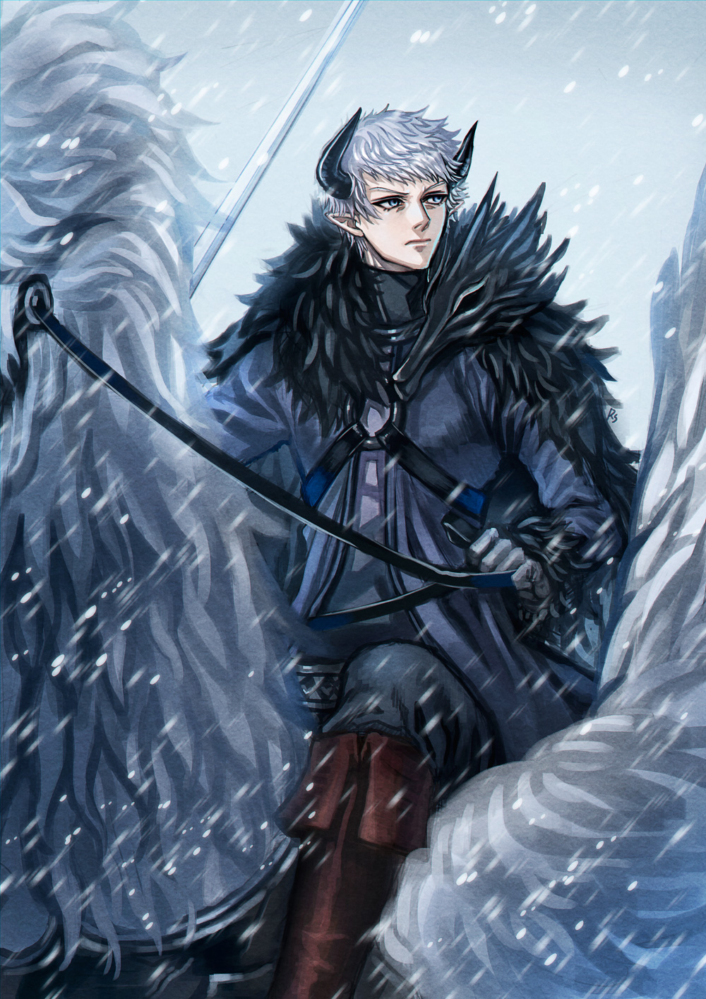 1boy, black_horns, blue_eyes, boots, brown_footwear, fur_trim, gloves, highres