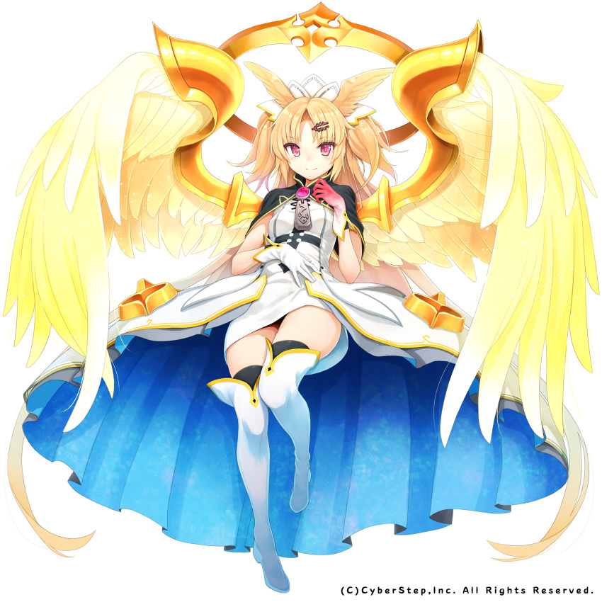 1girl, akatsuki_no_breakers, akatsuki_uni, alternate_costume, angel_wings, boots, full_body, gloves, hair_ornament, halo, highres, leg_up, long_hair, looking_at_viewer, morizo_cs, official_alternate_costume, official_art, simple_background, solo, thigh-highs, thigh_boots, uni_channel, virtual_youtuber, white_background, wings