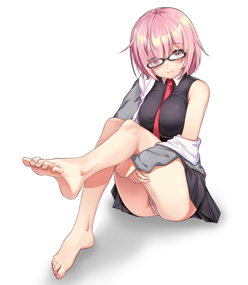 1girl, ass, bangs, bare_legs, barefoot, black_dress, blush, bottomless, breasts, commentary_request, dress, eyebrows_visible_through_hair, fate/grand_order, fate_(series), glasses, grey_jacket, highres, ijuun, ishtar_(fate)_(all), ishtar_(fate/grand_order), jacket, large_breasts, lavender_hair, legs, looking_at_viewer, mash_kyrielight, necktie, off-shoulder_jacket, panties, pink_hair, red_neckwear, simple_background, sitting, solo, underwear, white_background, white_panties