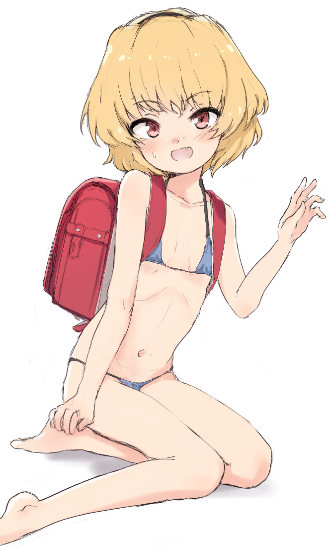 1girl, backpack, bag, bangs, bare_arms, bare_legs, bare_shoulders, barefoot
