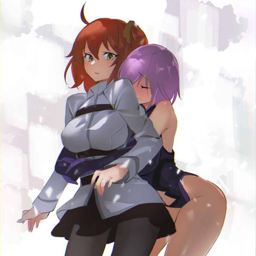 2girls, ahoge, bangs, bare_shoulders, belt, black_legwear, black_leotard, black_skirt
