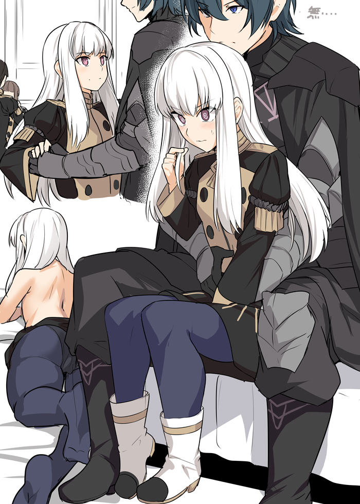 1boy, 1girl, @_@, ass, bangs, black_hair, black_legwear, black_skirt