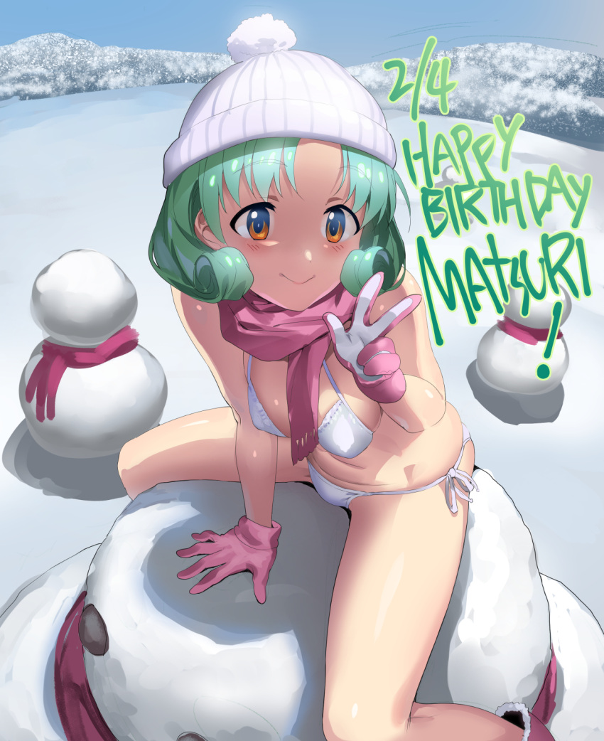1girl, andou_shuuki, arm_support, bangs, bare_shoulders, beanie, bikini, breasts