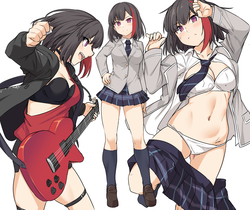 1girl, bang_dream!, bangs, beige_jacket, black_bra, black_hair, black_jacket, black_legwear