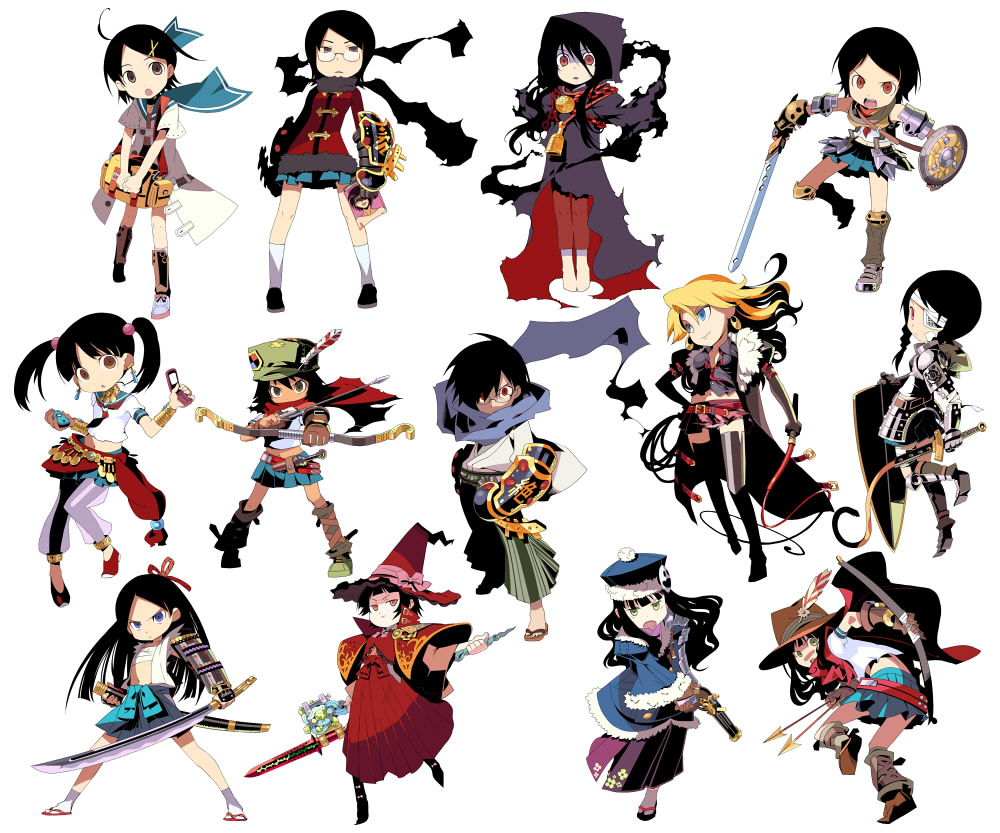 arrow, black_hair, blonde_hair, blue_eyes, bow_(weapon), brown_eyes, cellphone, crossover