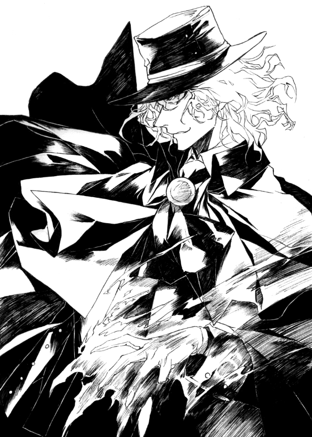 1boy, burning_hand, capelet, edmond_dantes_(fate/grand_order), fate/grand_order, fate_(series), gloves, greyscale