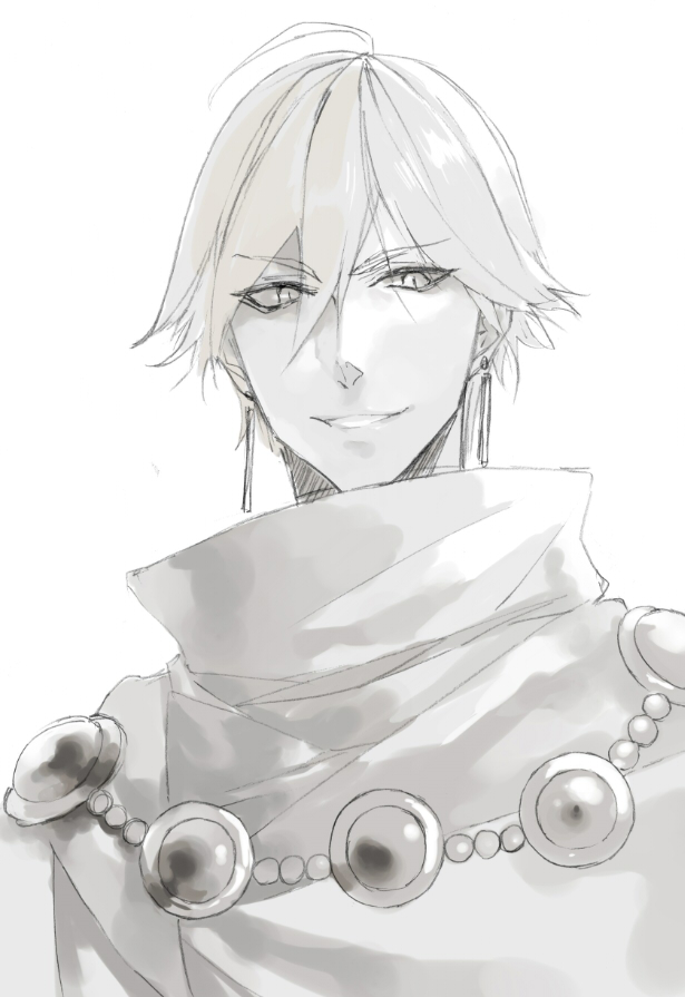 1boy, ahoge, cape, earrings, fate/prototype, fate/prototype:_fragments_of_blue_and_silver, fate_(series), greyscale
