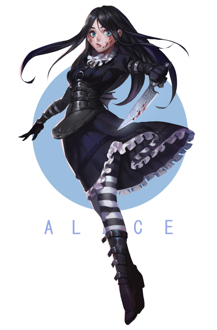 1girl, absurdres, alice:_madness_returns, alice_(wonderland), american_mcgee's_alice, black_hair, blood, blue_eyes