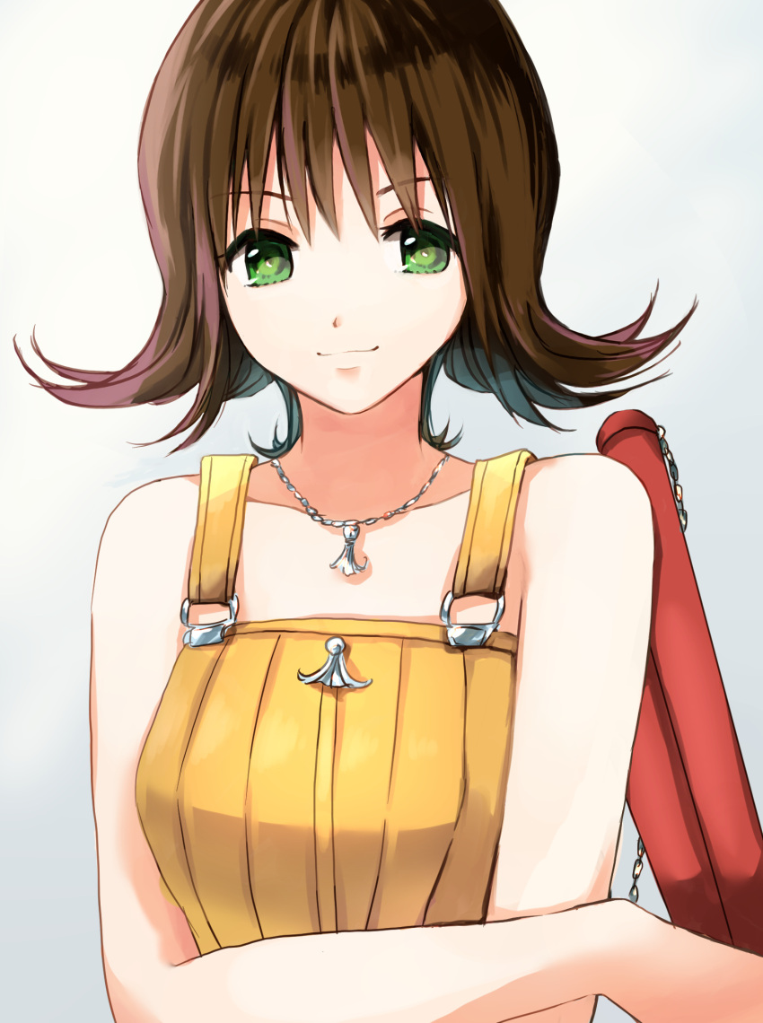 1girl, breasts, brown_hair, closed_mouth, dress, final_fantasy, final_fantasy_viii, flipped_hair
