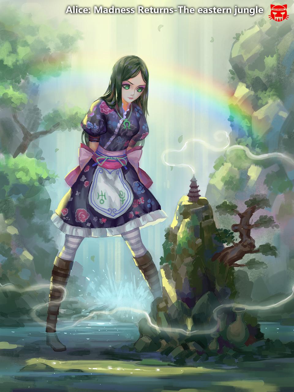 1girl, alice:_madness_returns, alice_(wonderland), alice_in_wonderland, american_mcgee's_alice, apron, black_hair, breasts