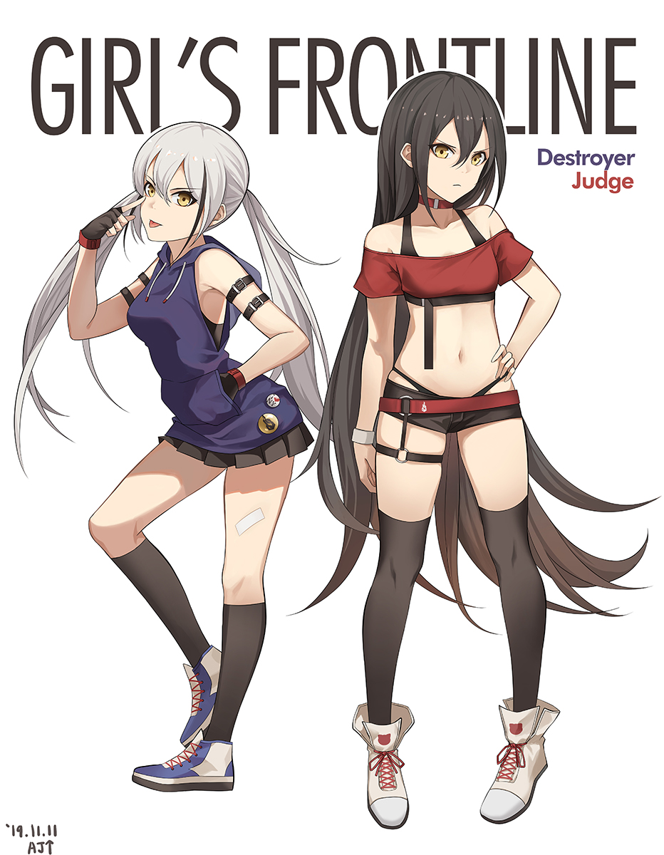2girls, alternate_costume, ark_john_up, black_hair, character_name, choker, destroyer_(girls_frontline), english_text