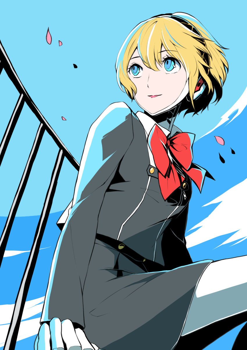 1girl, aegis_(persona), android, blonde_hair, blue_eyes, breasts, closed_mouth, commentary_request