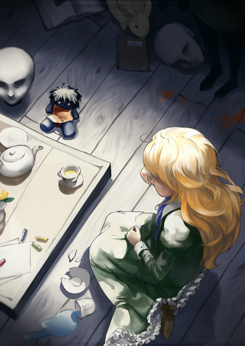 1girl, absurdres, blonde_hair, blue_eyes, cracked, crying, doll, dress