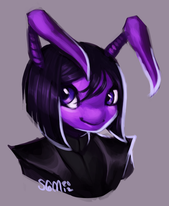 1girl, antennae, black_hair, closed_mouth, clouded-3d, creature, face, grey_background, hair_between_eyes, happy, neopets, no_humans, purple_skin, purple_theme, ruki_(neopets), short_hair, signature, simple_background, smile, solo, violet_eyes
