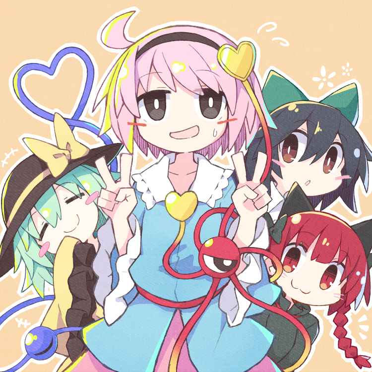 +++, 4girls, :3, :o, ahoge, animal_ears, asameshi, black_eyes