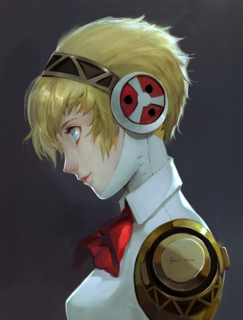 1girl, absurdres, aegis_(persona), android, blonde_hair, blue_eyes, bow, breasts