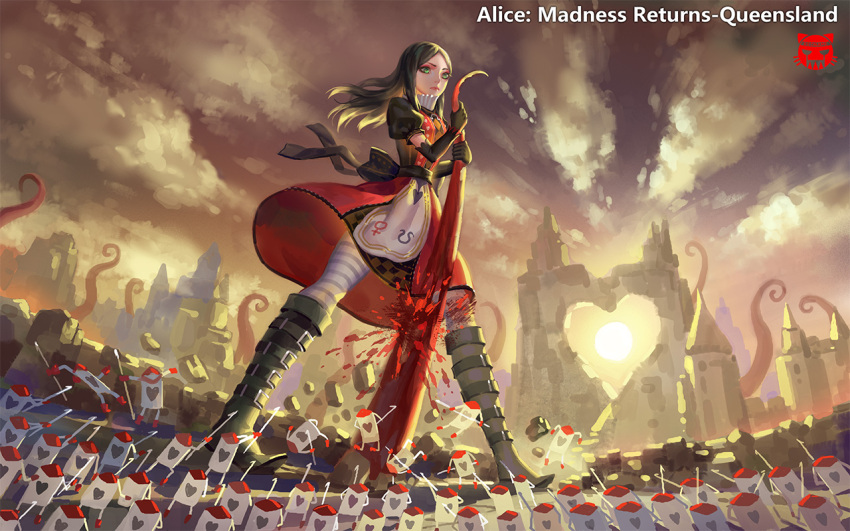 1girl, alice:_madness_returns, alice_(wonderland), alice_in_wonderland, american_mcgee's_alice, apron, black_hair, blood