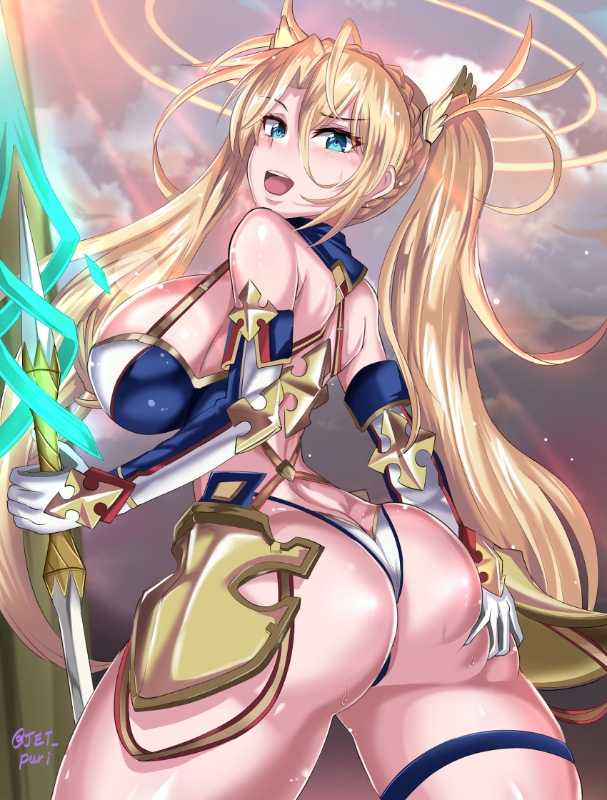 1girl, ass, ass_grab, bare_shoulders, blonde_hair, blue_eyes, blush, bradamante_(fate/grand_order)