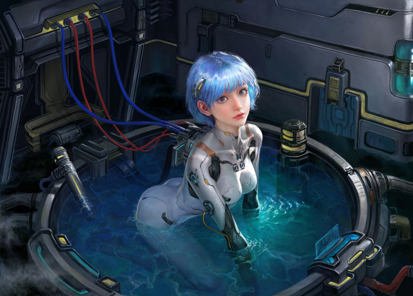 1girl, all_fours, ass, ayanami_rei, blue_hair, bodysuit, breasts, highres