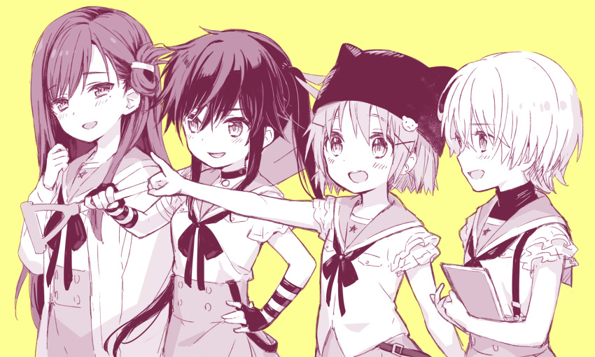 4girls, ame8desu, bear_hair_ornament, blush, book, choker, ebisuzawa_kurumi, fingerless_gloves