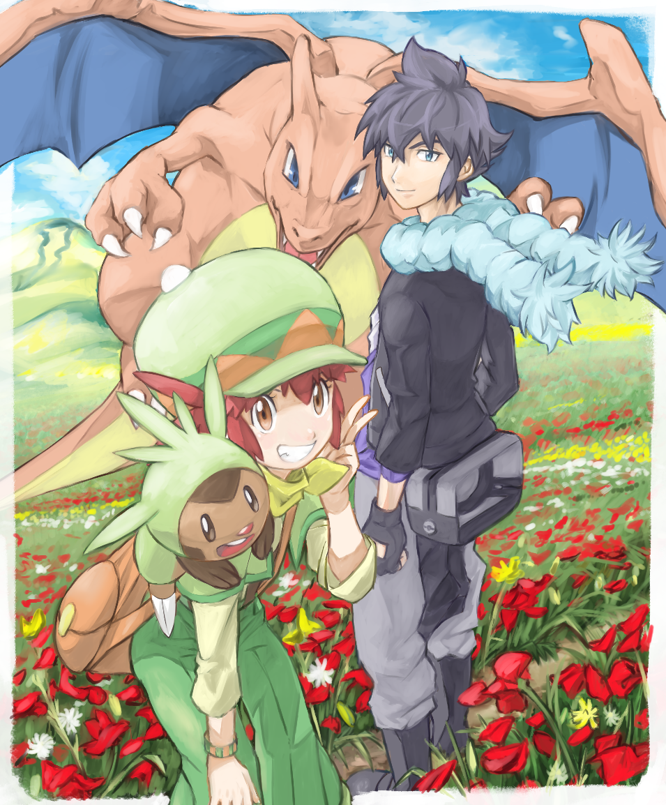 1boy, 1girl, :d, alan_(pokemon), bag, black_footwear, black_gloves, blue_eyes