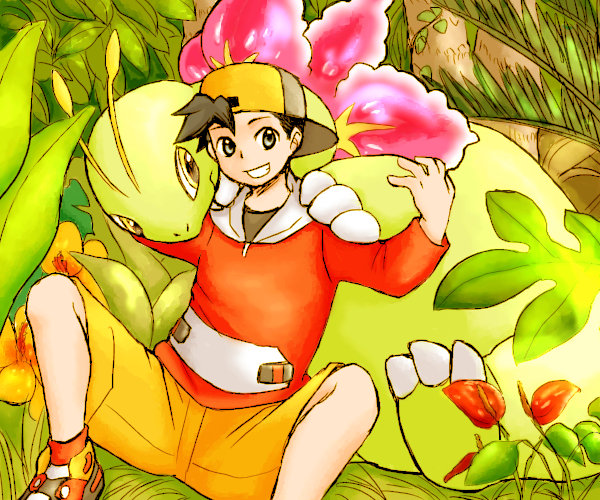 1boy, :d, black_eyes, black_hair, commentary_request, creature, gen_2_pokemon, gold_(pokemon)