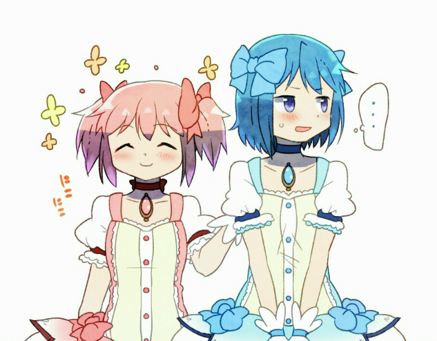 ..., 2girls, ^_^, alternate_color, arm_at_side, blue_eyes, blue_hair, blue_ribbon